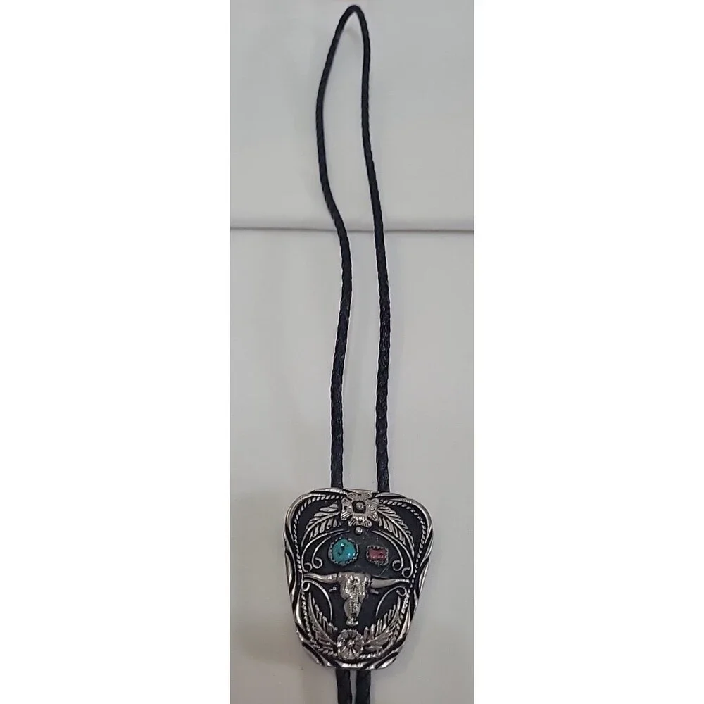 Lot of 4 Vintage SSI Western Bolo Ties USA Genuine Turquoise Coral Steer Bronco